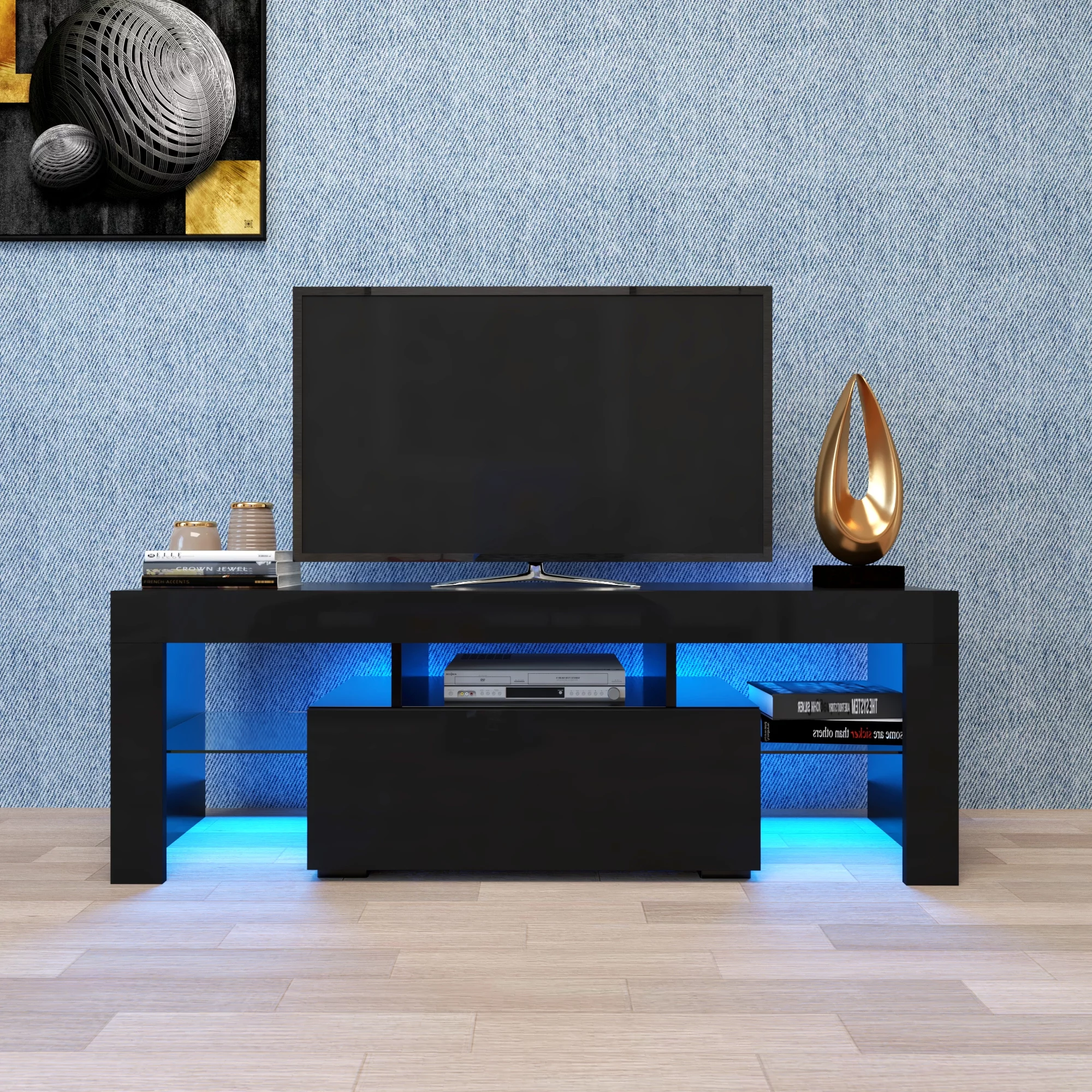 Oaks Aura Black TV Stand with LED RGB Lights, Flat Screen TV Cabinet, Gaming Consoles-in Lounge Room, Living Room and Bedroom