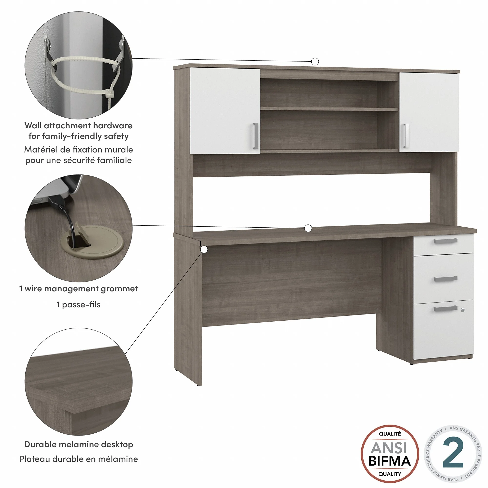 Bestar Ridgeley Engineered Wood Computer Desk with Hutch in Silver Maple/White