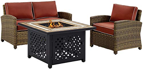 Crosley Furniture Bradenton 3-Piece Wicker Outdoor Loveseat Patio Furniture Set with Gas Fire Pit Table, Brown with Navy Cushions
