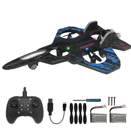 RC Airplane for Kids and Beginners, 2.4GHz Foam Drone Remote Control Airplane Outdoor Flying Toy, 360° Drop-Resistant Stunt Spin Remote Fighter Jet with Lights (Blue)