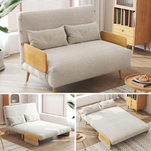 3-in-1 Convertible Chair Bed Sleeper for Adults, Linen Convertable Sleeper Chair with Wooden Arms & Pillows, Foldable Single Futon Sofa Bed (Mid Century with Walnut Arm, 36.6