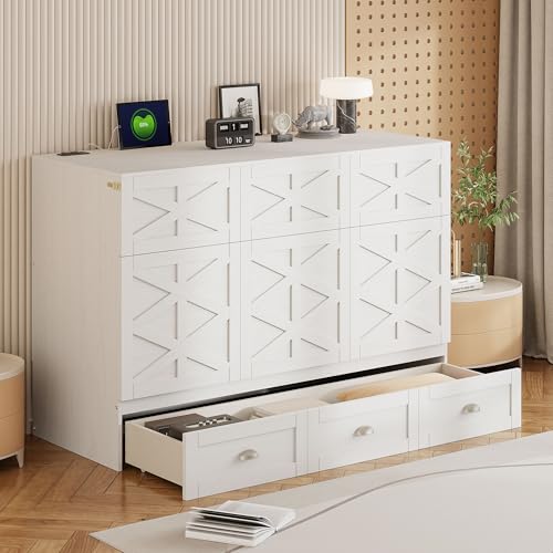 Merax Full Size Murphy Bed, Wooden Full Murphy Cabinet Bed Frame with Large Drawers and USB Ports, Brushed White