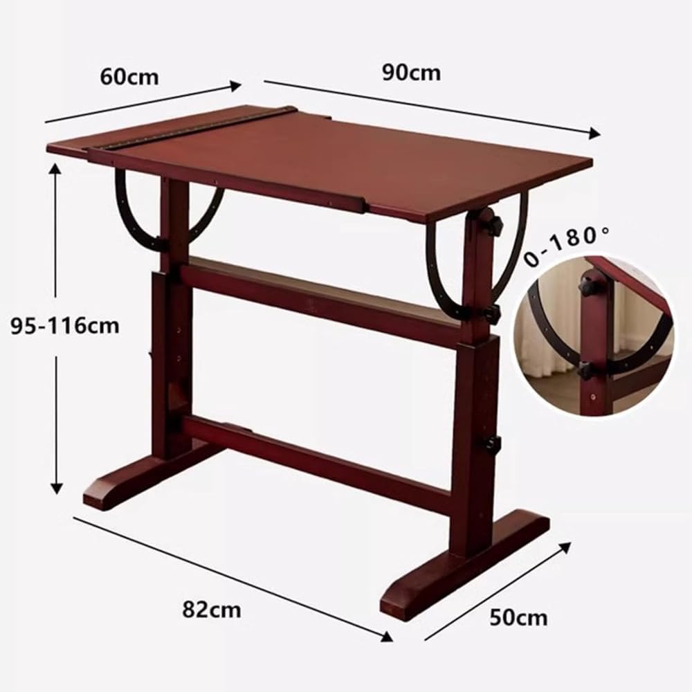 Drawing Table, Studio Painting Table and Craft Table, Height and Angle Adjustable, with Tilting Magnifying Tabletop and T-square