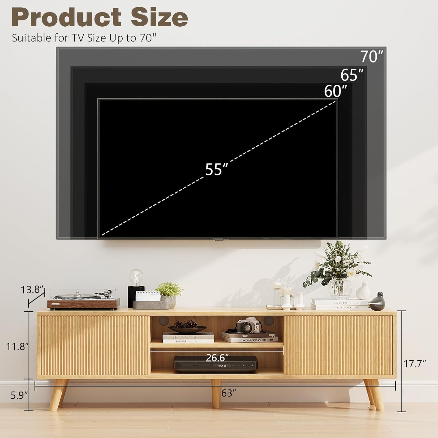 TV Stand for TVs Up to 75 Inches, Boho Entertainment Center Wood TV Stand with Fluted Sliding Doors & Shelves, TV Console Table Media Cabinet with Storage for Living Room Bedroom, Natural