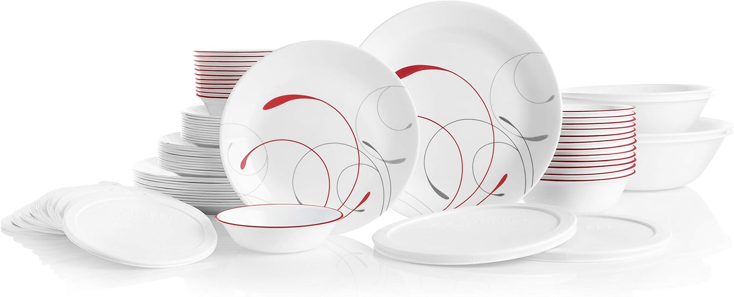 Corelle Vitrelle 78-Piece Service for 12 Dinnerware Set, Triple Layer Glass and Chip Resistant, Lightweight Round Plates and Bowls Set, Splendor & Glass 28oz Red Band Bowl 6pk