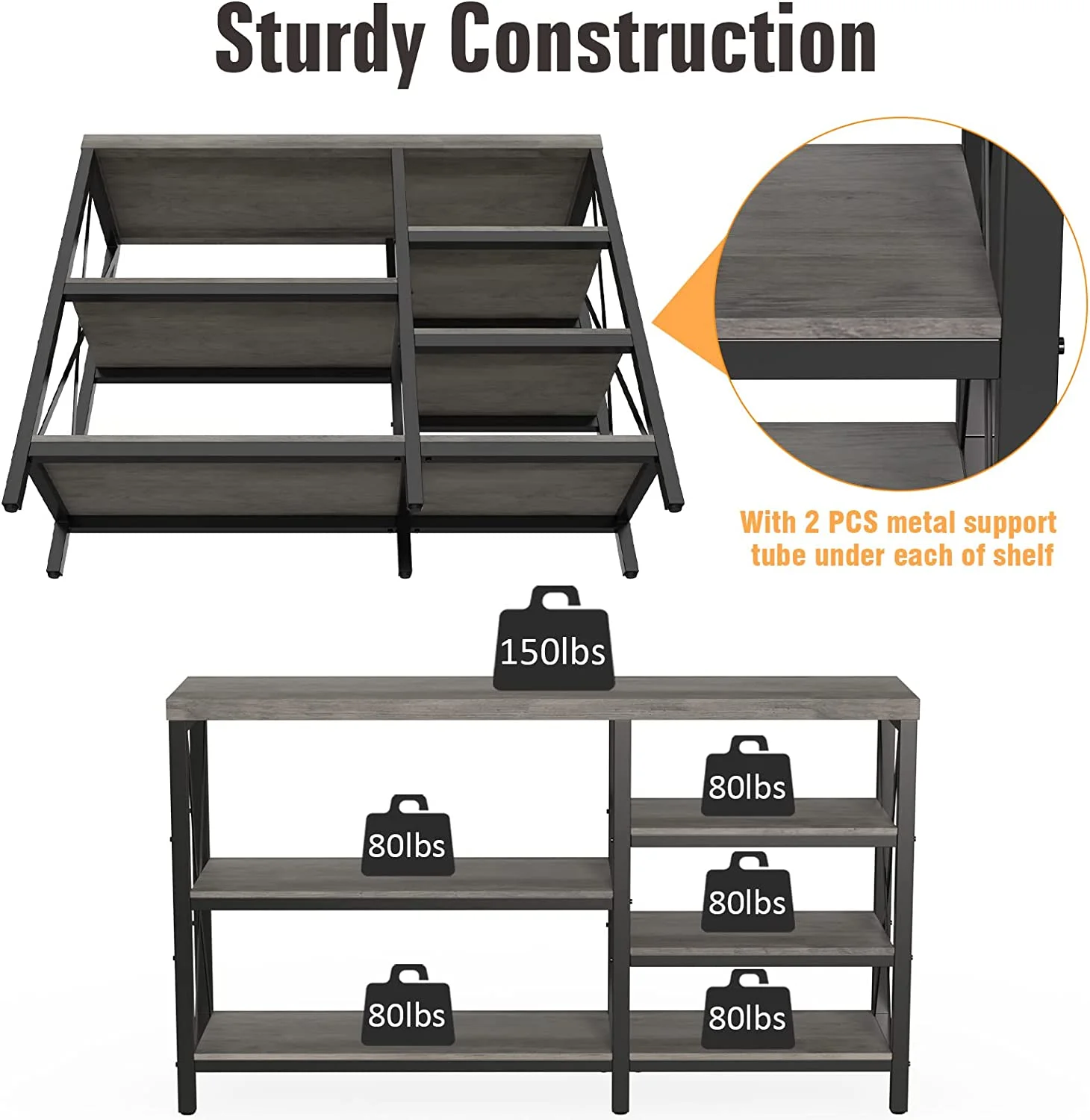 5-Tier Console Table with Shelf Sofa Side Table for Living Room, Home Office, Modern Gray