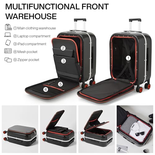 mixi Carry On Luggage, 20'' Suitcase with Front Laptop Pocket, Travel Rolling Luggage Aluminum Frame PC Hardside with Spinner Wheels & TSA Lock and Cover - Smoke White