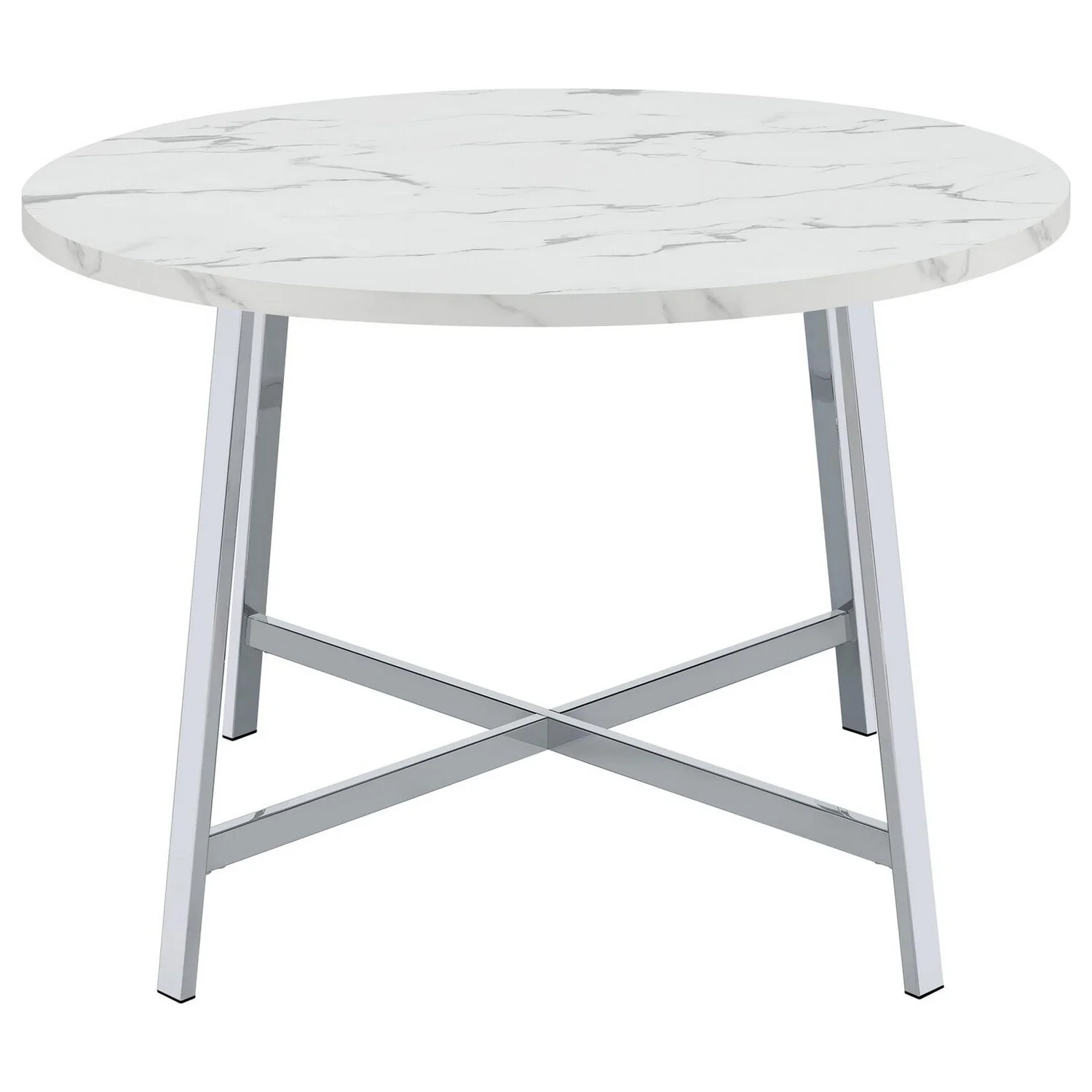 Benjara  45 in. Faux Carrara Round Marble Top Dining Table with Metal Legs, White, Chrome & Gray