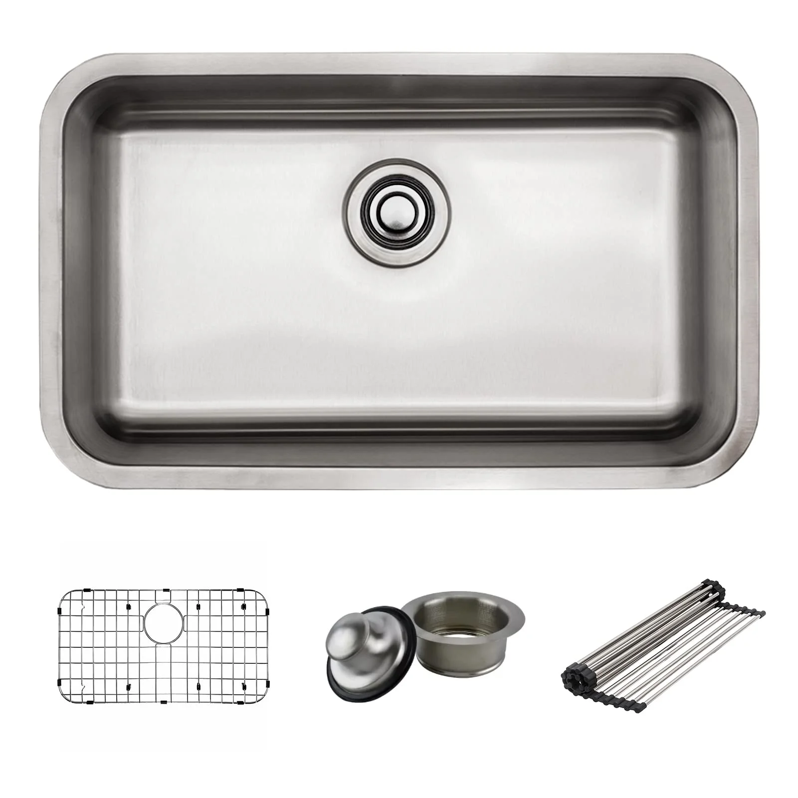 Strictly Sinks 29 Inch Undermount Kitchen Sink-Single Bowl Kitchen Sinks-18 Gauge Kitchen Sink-Ideal Sink for Kitchen with Single Disposal Flange (with Stopper), Bottom Grid & Roll Up Dish Drying Rack
