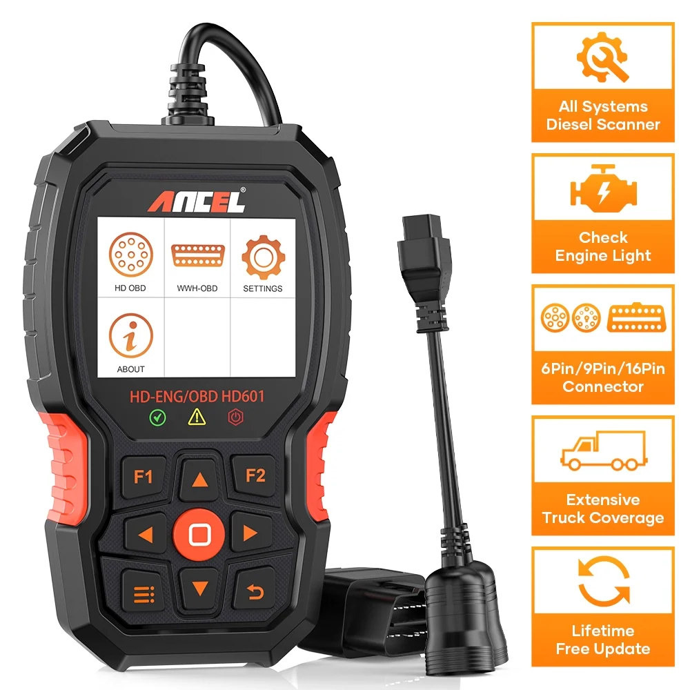 Ancel HD601 Heavy Truck Scanner All System Diesel Truck Diagnostic Scan Tool OBD2 Scanner Code Reader for Diesel Heavy Trucks & Cars 2 in 1 Code Scanner, Lifetime Free Update