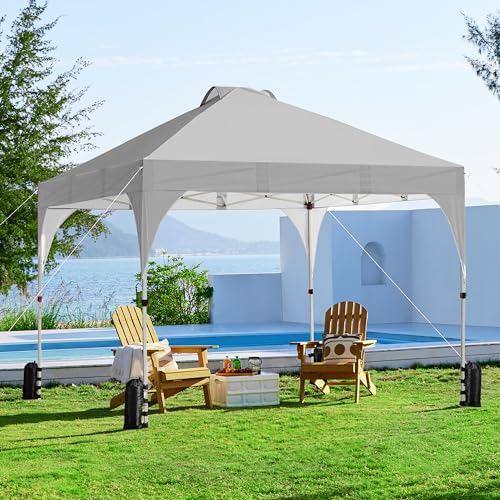 Yaheetech 10x10 Pop Up Canopy Tent with Vent, Easy Set Up Tent, Instant Sun Shelter Canopy with Wheeled Bag, 4 Sandbags, 12 Stakes & 4 Ropes, for Parties, Beach, Outdoor, White