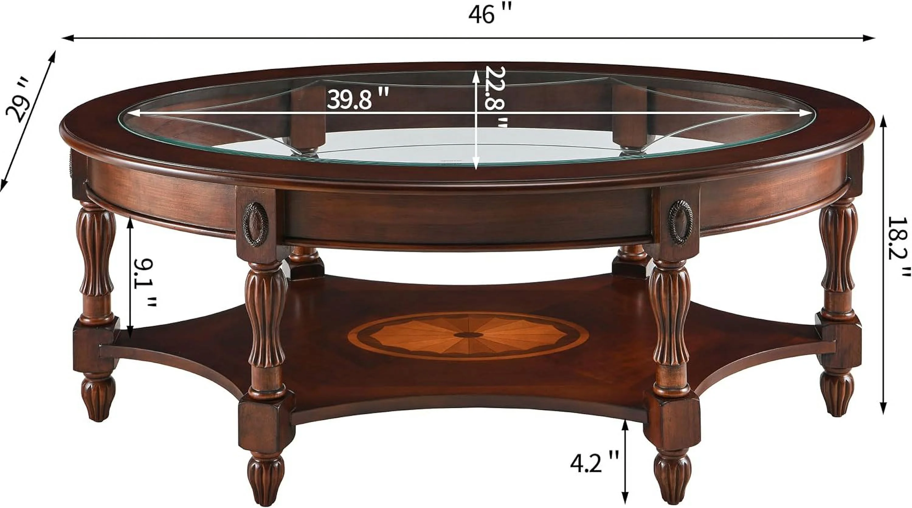 Oval Coffee Tables For Living Room, Solid Wood Coffee Table With Glass Top, Vintage Cocktail Table, 46