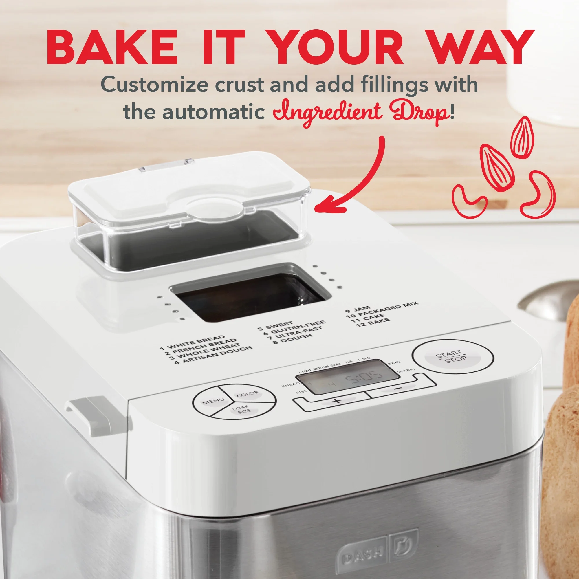 Dash Everyday Stainless Steel Bread Maker Up to 1.5lb Loaf, Programmable, 12 Settings + Gluten Free & Automatic Filling Dispenser