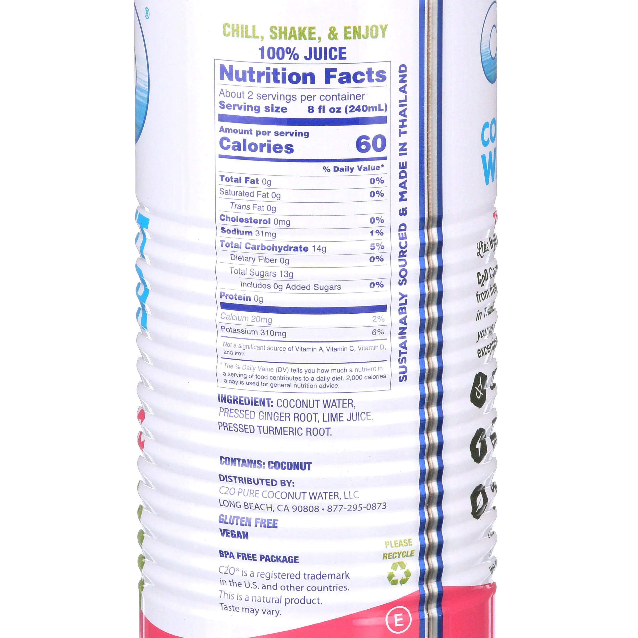 C2O Pure Coconut Water with Ginger, Lime and Turmeric, 17.5 fl oz, 12 Pack