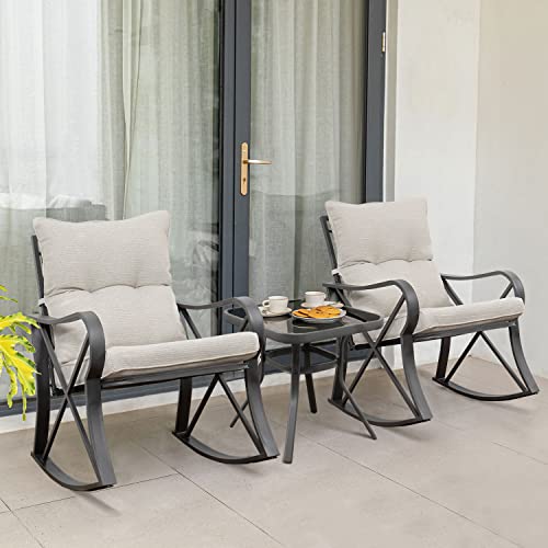 COSIEST 3 Piece Bistro Set Patio Rocking Chairs Outdoor Furniture w Warm Gray Cushions, Glass-Top Table for Garden, Pool, Backyard