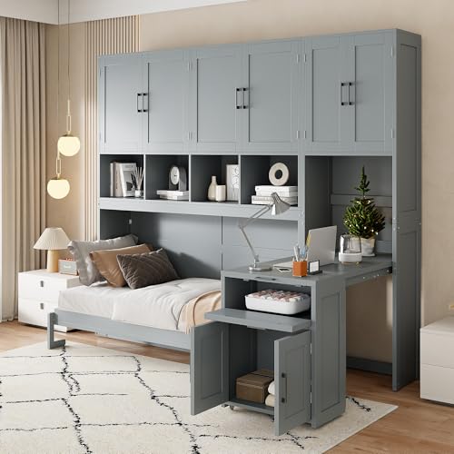 Twin Murphy Bed with Storage Cabinet, Bookcase, Storage Drawers and Desk, Wooden Wall Bed Frame Folding Bed Frame for Guestroom, Office, Apartment, Grey