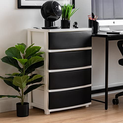 IRIS USA Plastic Drawer Storage Organizer, 4-Drawers, for Classroom Art Supplies Bathroom Dorm Bedroom Laundry Room, Slim Narrow, White Frame with Matte Black Front Panels