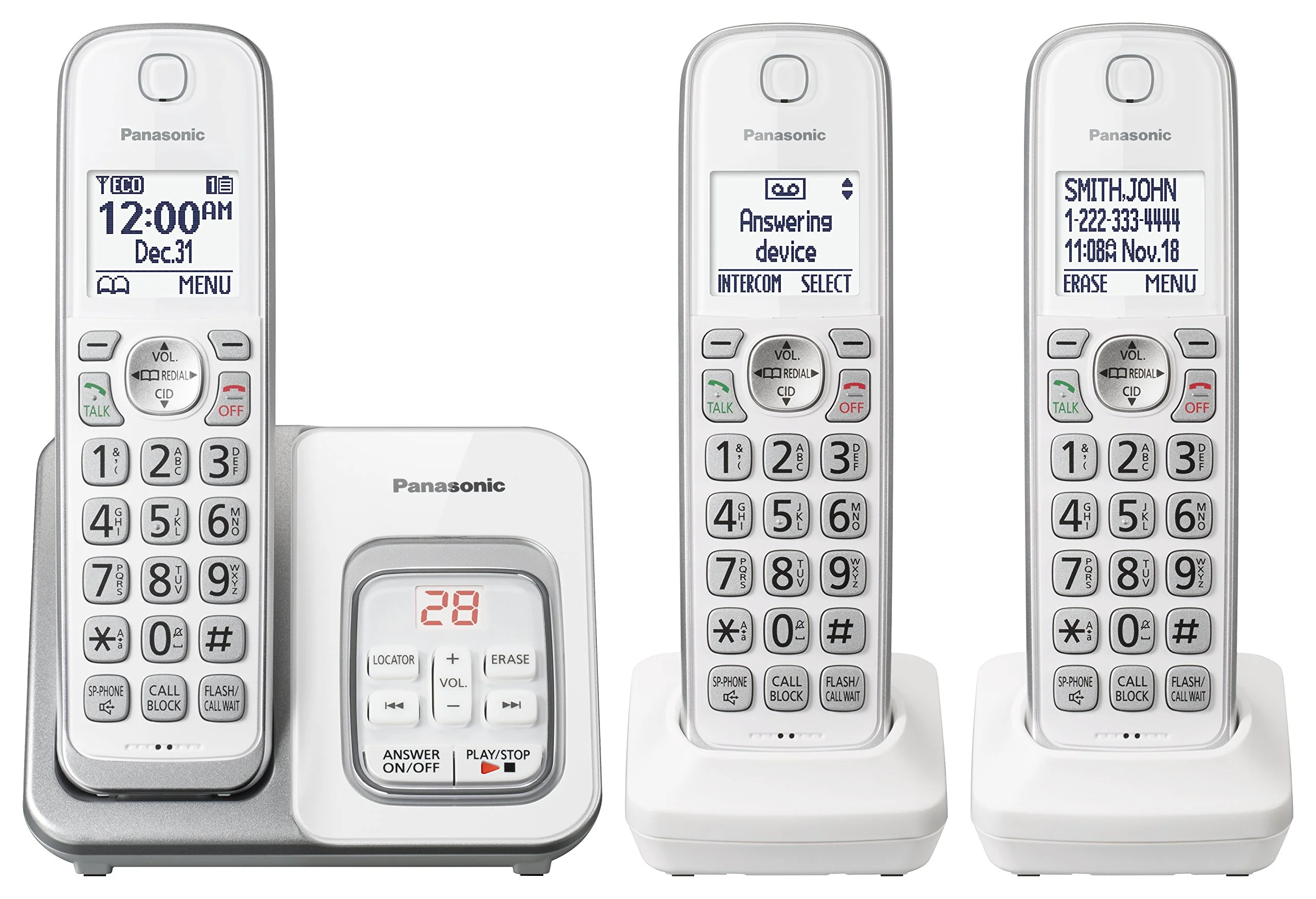Panasonic Expandable Cordless Phone System with Answering Machine and Call Block - 3 Cordless Handsets - KX-TGD533W (White/Silver)