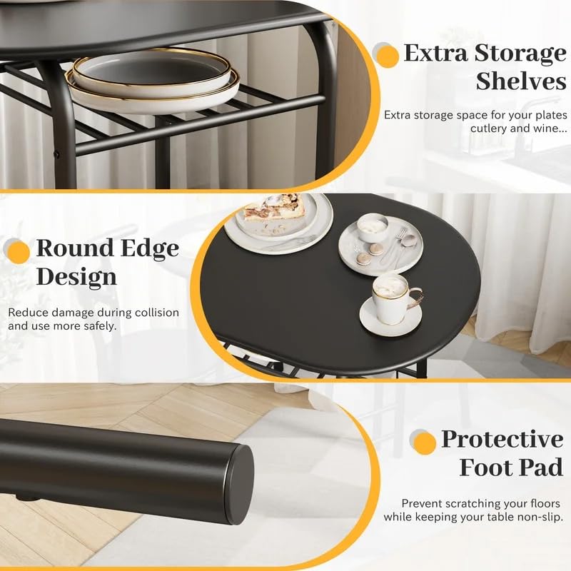 Shahoo 3-Piece Wooden Dining Table Set, Kitchen Breakfast Nook Sets with 2 Chairs & Round Tabletop, Space Saving Furniture Metal Frame and Built-in Wine Rack, Walnut