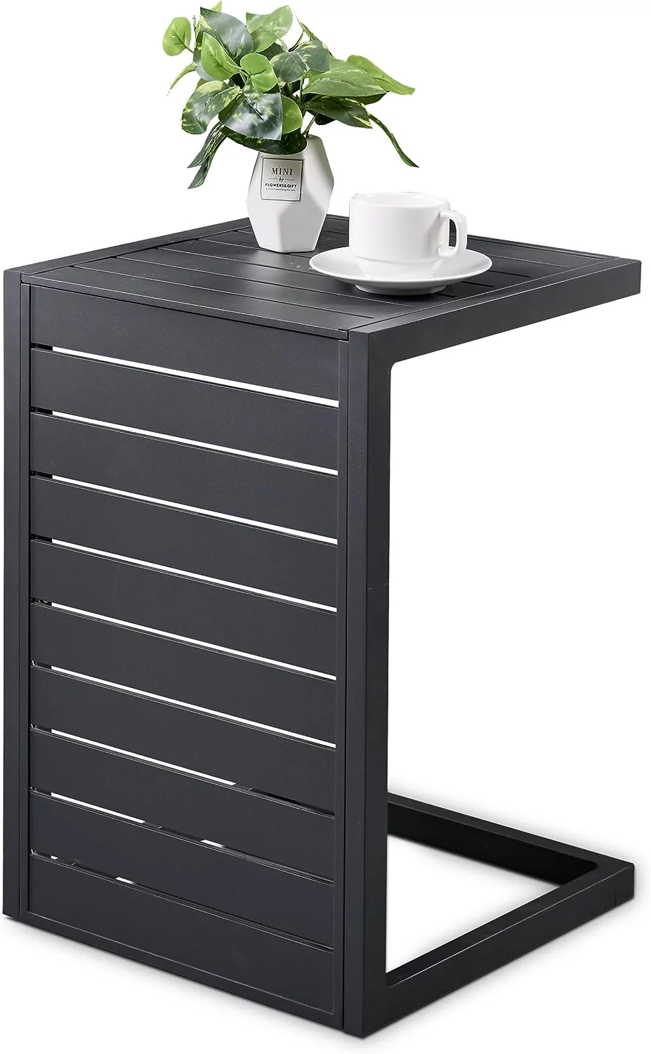 Efurden C Shaped Side Table, Outdoor Aluminum End Table Weather Resistant Small Patio Table for Porch Balcony (Dark Grey)