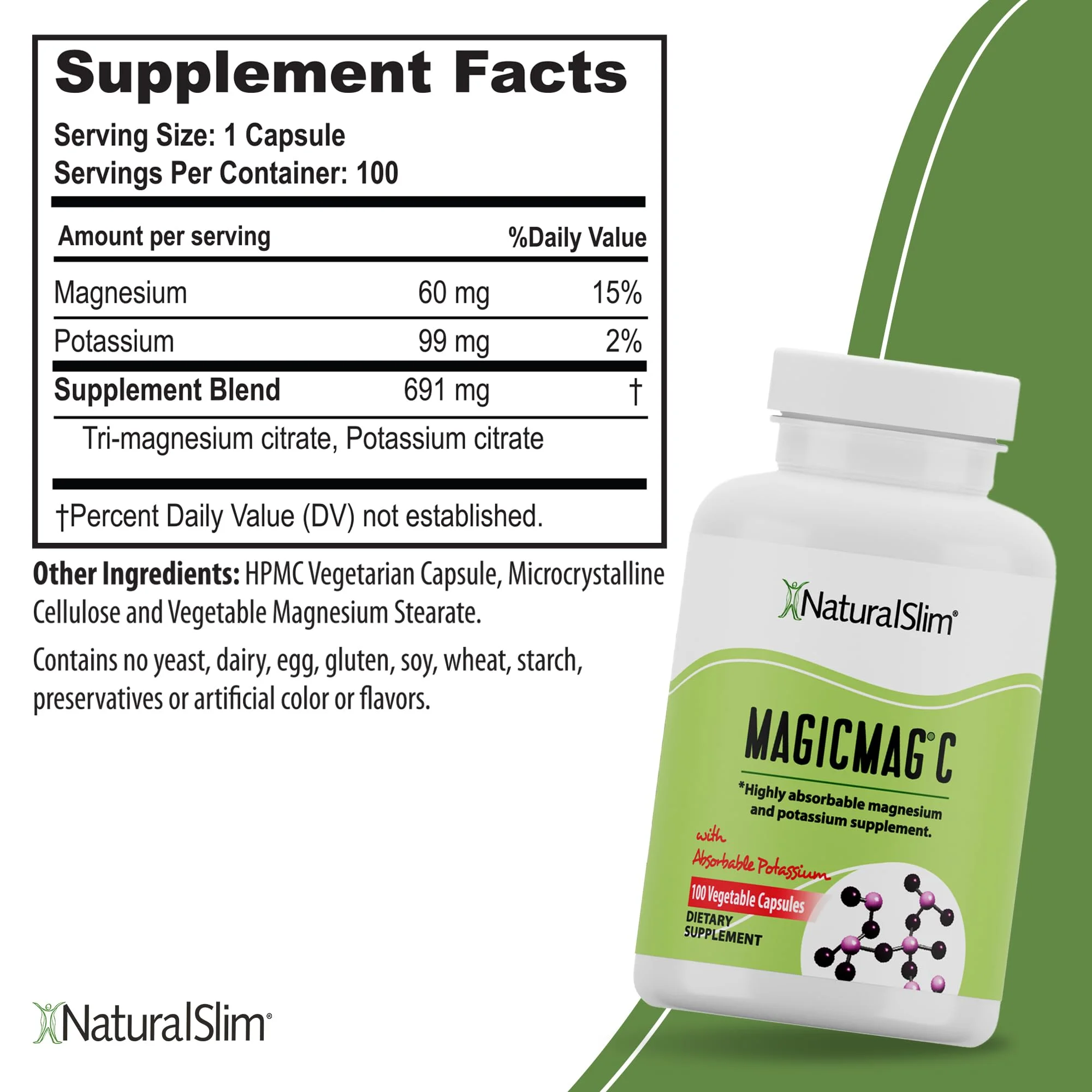 NaturalSlim MagicMag®C - 2-Pack Magnesium Citrate Capsules w/ Potassium, 100 Ct