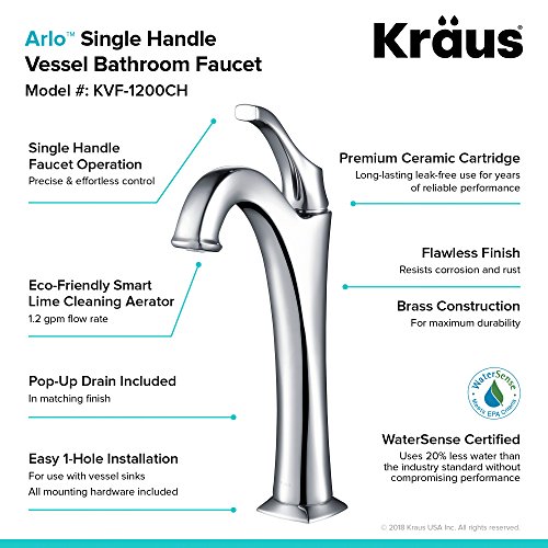 KRAUS KVF-1200BG Arlo™ Brushed Gold Tall Vessel Bathroom Faucet with Pop-Up Drain