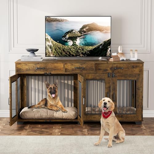 Dog Crate Furniture for 2 Dogs, 71'' XXL Indoor Dog Kennel with 3 Drawers and Removable Room Divider, Wooden Double Dog CrateTV Stand End Table with Double Doors for Large Medium Dogs, Grey