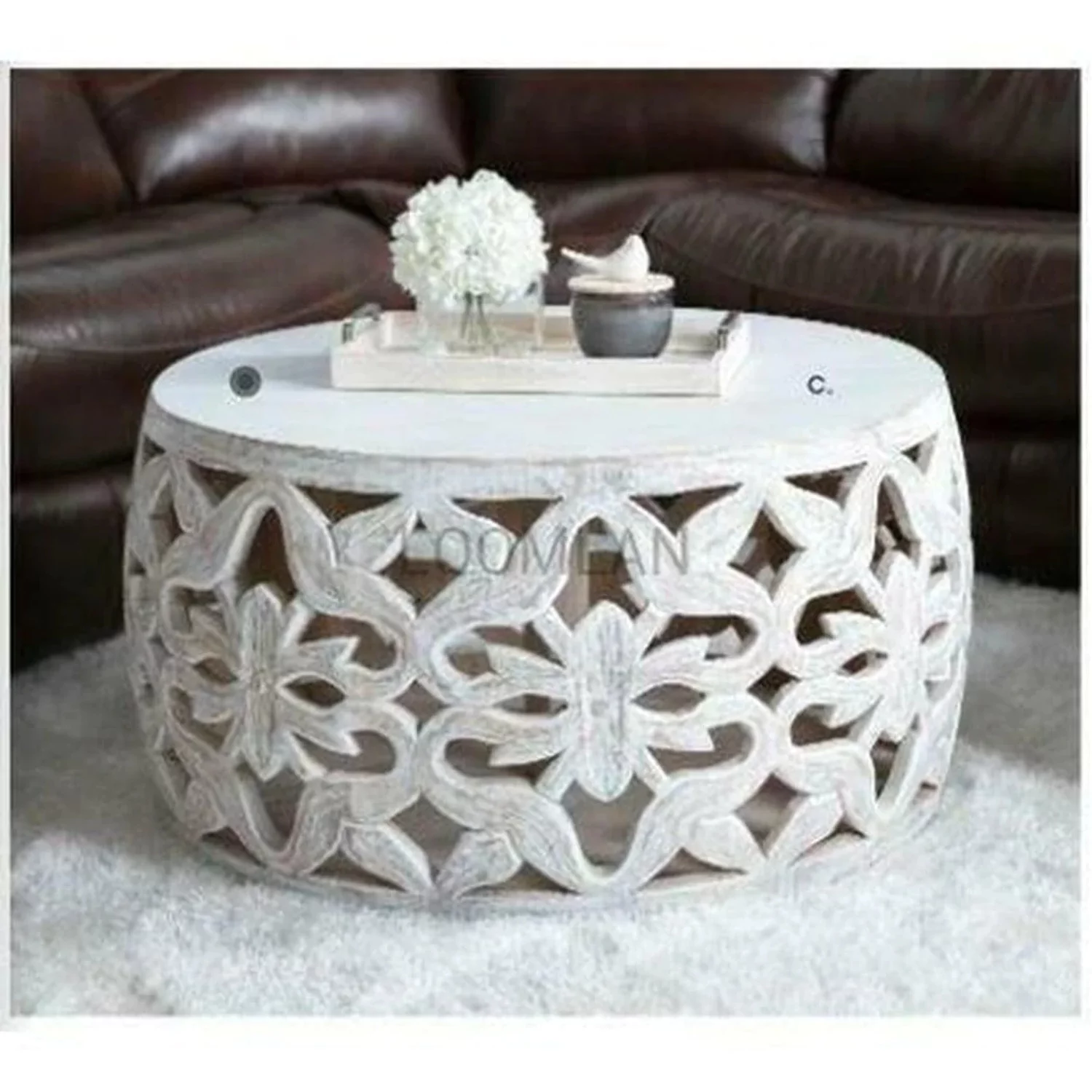 32 White Wash Drum Coffee Table Hand Carved Mango Wood