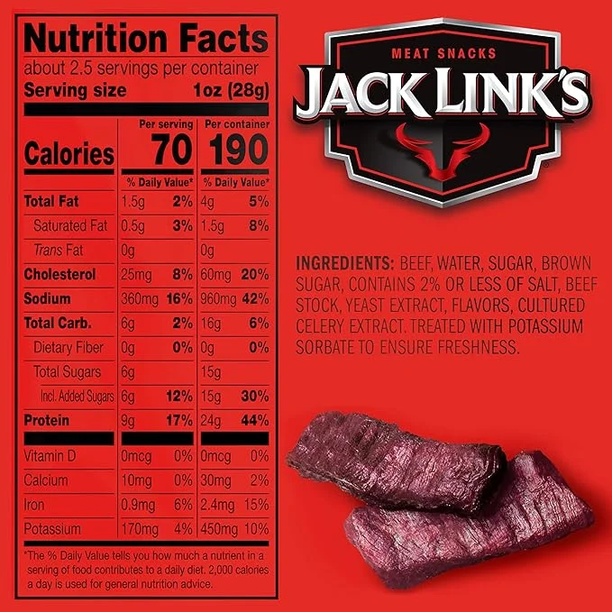 Jack Link's Extra Thick Cut Steak Strips, Beef Jerky, Original Flavor, Ready to Eat Snack Bags, 9g of Protein, 70 Calories, Made with Premium Beef, 96 Percent Fat Free, 2.6 Oz (Pack of 4)