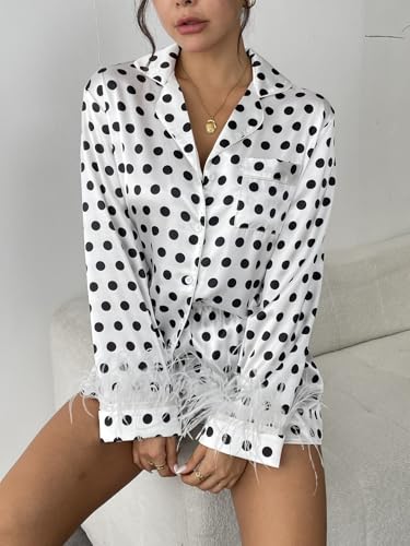 Ekouaer Women's Bridal Feather Trim Silk Satin Pajama Set Long Sleeve Lounge Sets Sleepwear (Removable Feather)