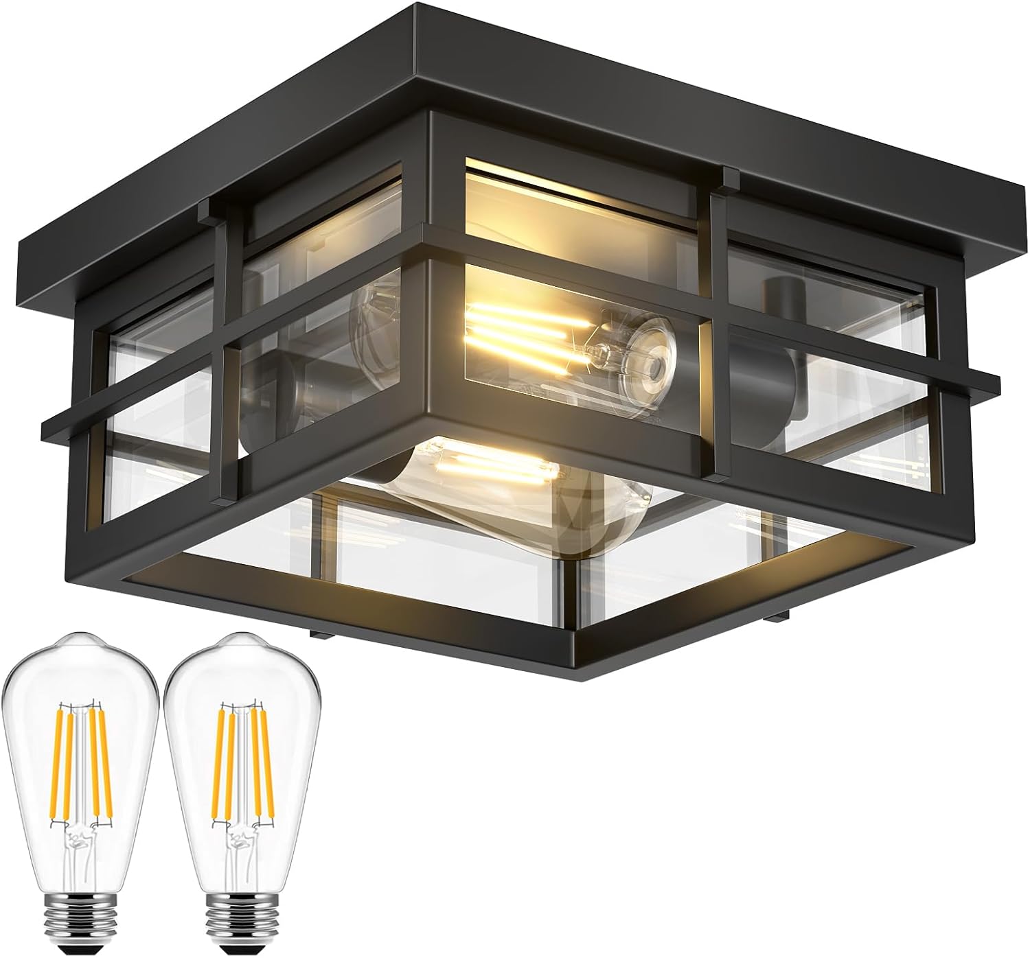 Asnxcju Modern Outdoor Ceiling Light Fixtures, 2-Light Black Flush Mount Light Fixtures with Clear Glass Shade, Farmhouse Square Ceiling Lighting for Porch Bathroom Living Room (LED Bulbs Included)