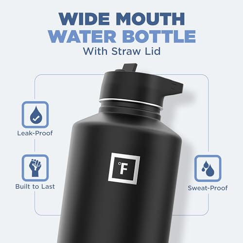 IRON °FLASK Camping & Hiking Hydration Flask with 3 Lids - Stainless Steel, Double Walled & Vacuum Insulated Water Bottle - Leak Proof & BPA Free (Midnight Black, Straw - 40 oz)