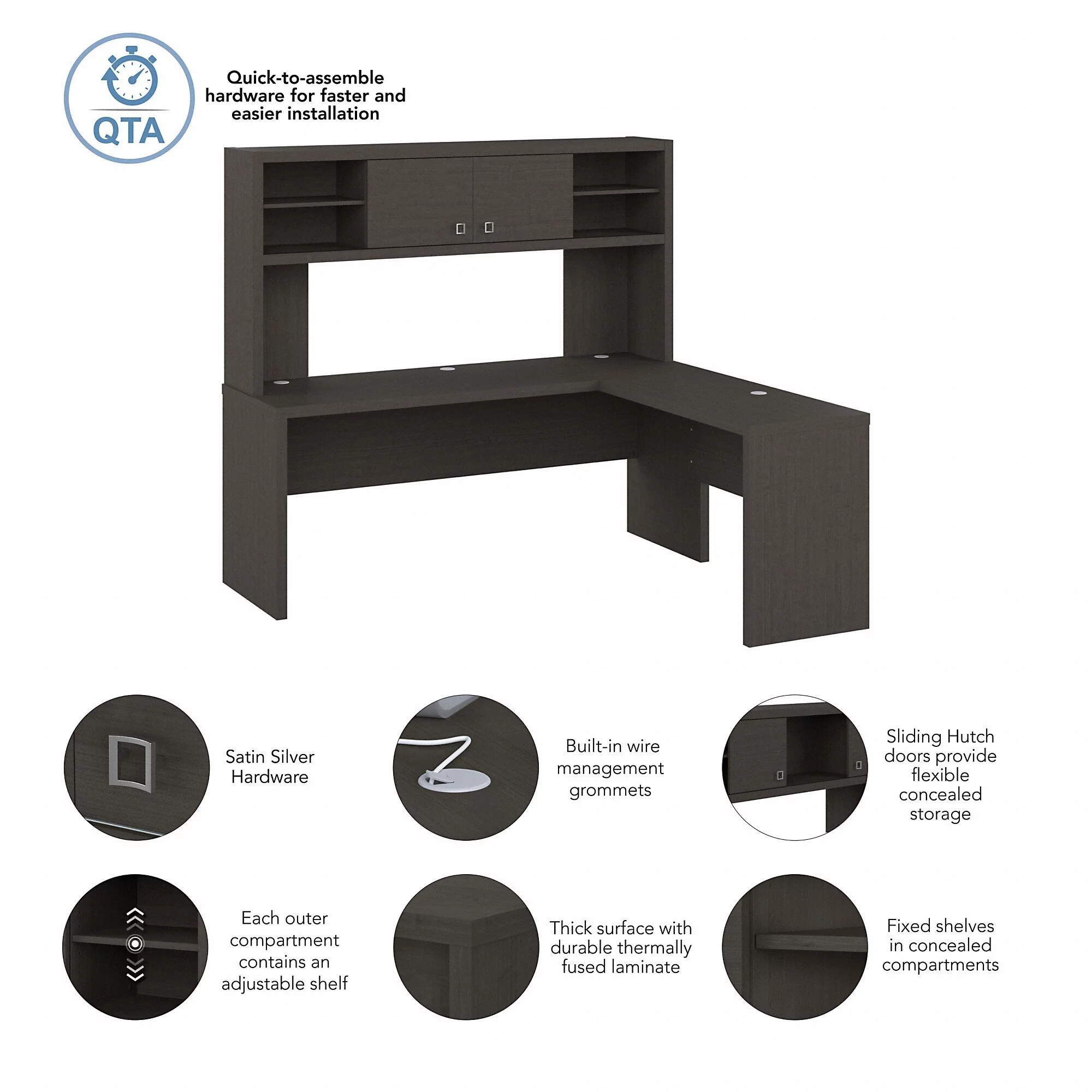 Echo 72W L Shaped Computer Desk with Hutch in Charcoal Maple - Engineered Wood