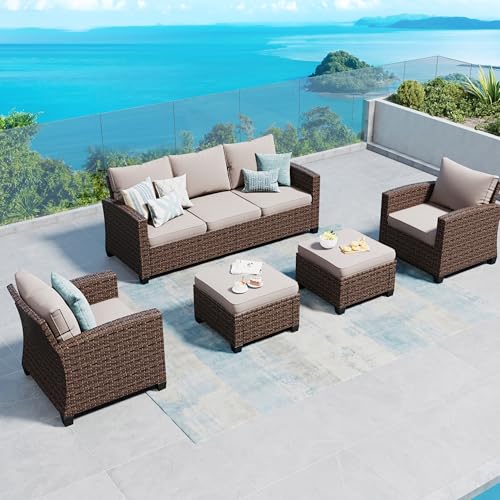 Patio Furniture Set Outdoor Furniture Brown Wicker Rattan Patio Conversation Sets with Cushion Outside Sofa Set,7 Pieces with Rectangular Firepit Table,9 Seats,Blue