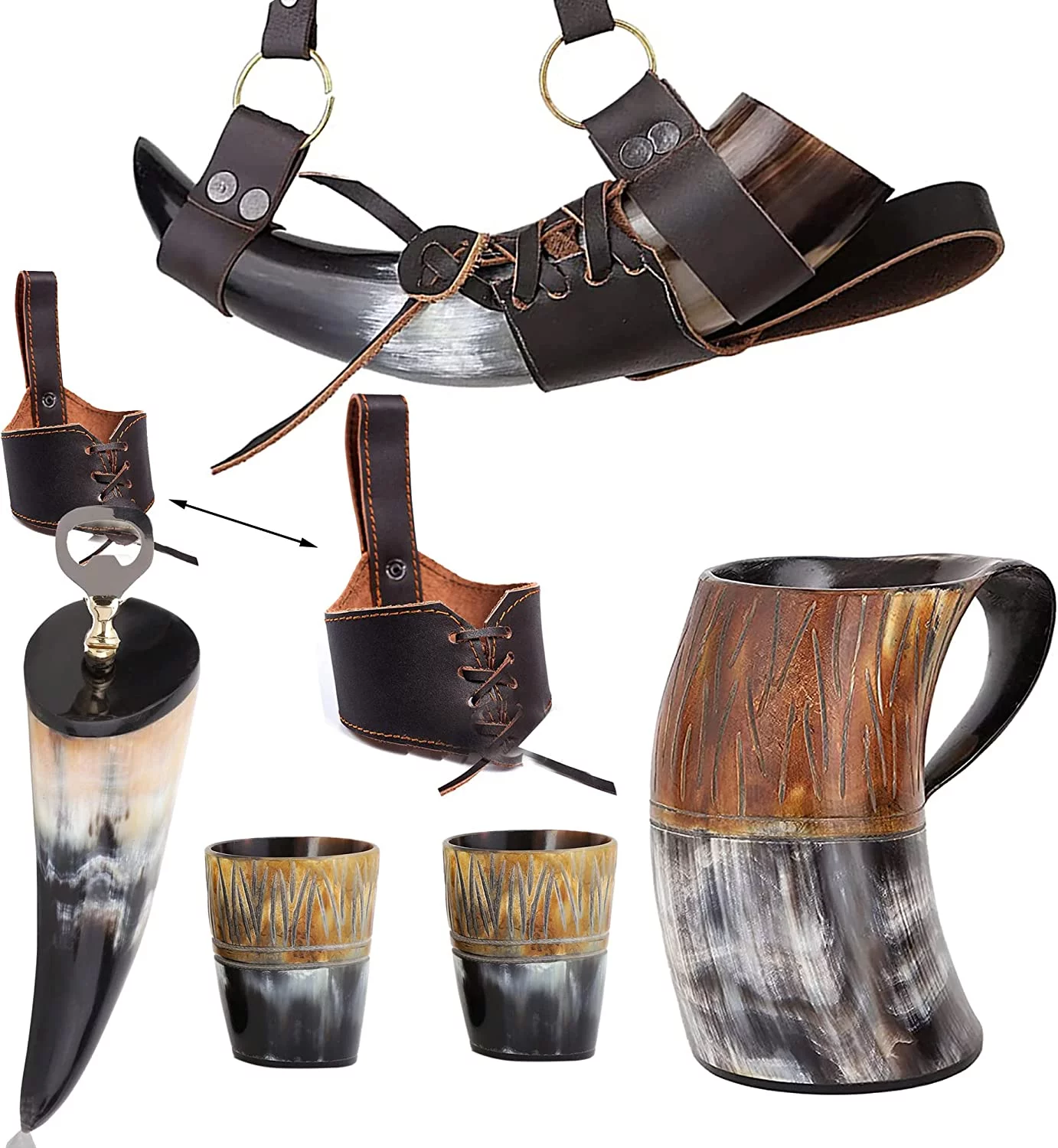 Viking Drinking Horn Set Authentic Natural Ox-Horn Handmade Tankard for Beer Mead Wine Ale Water Carved Drinking Mug with Horn Belt Holster Neck Strap Shot Cup Bottle Opener Polished Finish