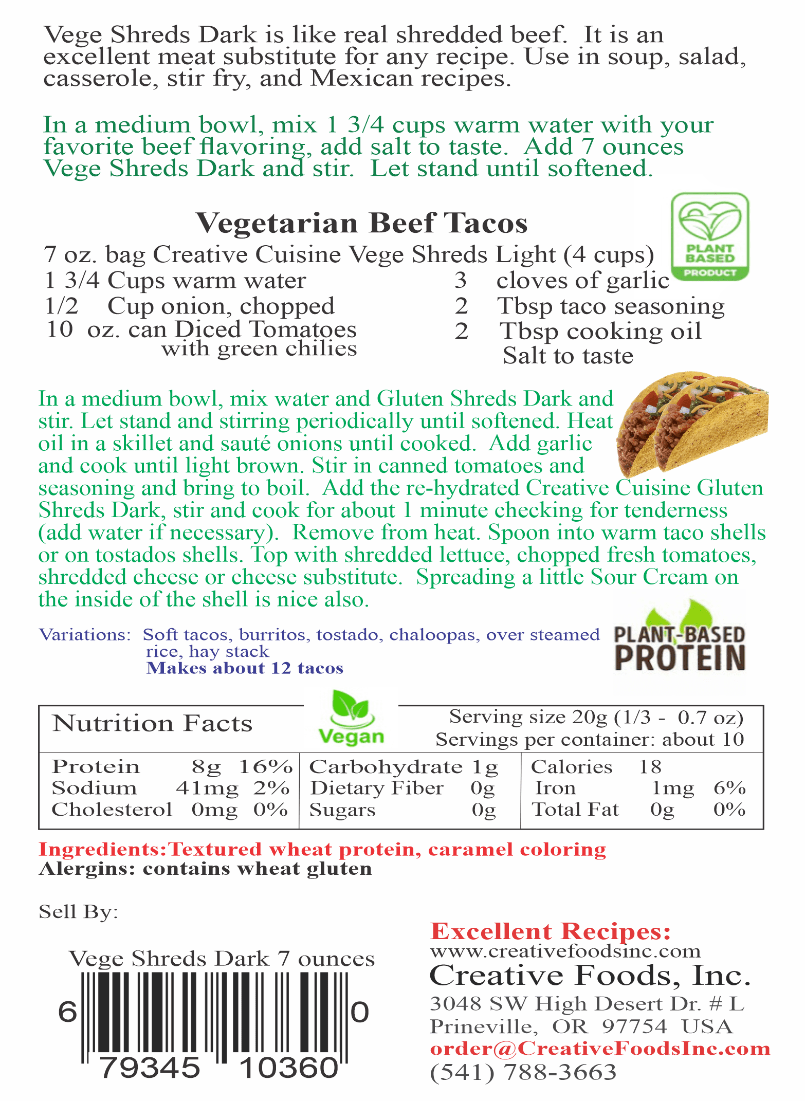 Vege Shreds Dark, Veggie Meat, Shredded Beef, Shredded Dark Meat , Bulk 12 pounds, FREE Shipping