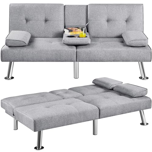 Yaheetech Convertible Sofa Bed Adjustable Fabric Couch Sleeper Modern Recliner Reversible Loveseat Folding Daybed Guest Bed, Removable Armrests, Cup Holders, 3 Angles, 772lb Capacity, Dark Gray