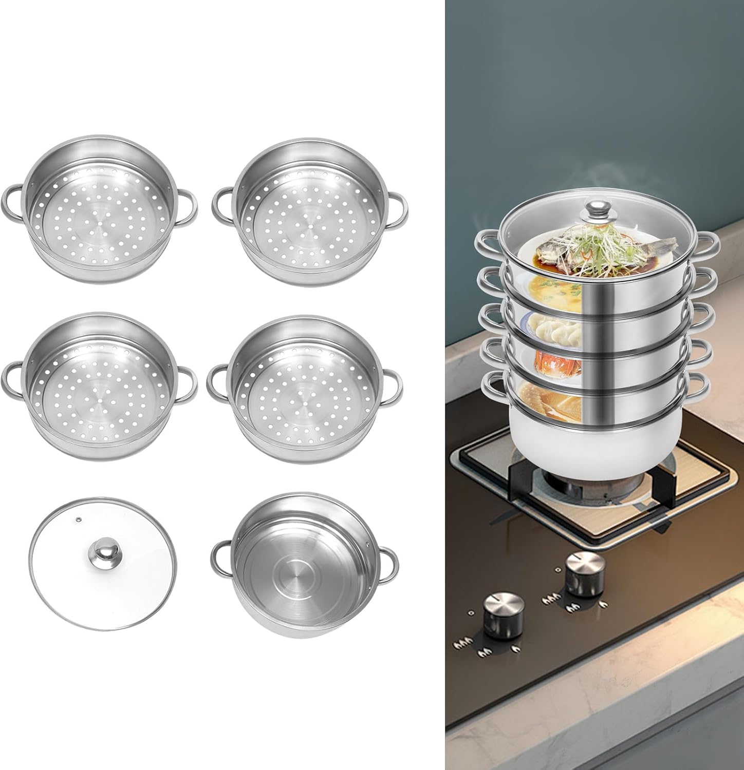 Steamer Pot for Cooking 5 Tier Food-Grade Stainless Steel Steamer 10inch Steamer Pot with Glass Lid Multipurpose Veg Cooker Pot Cooking Pan Steaming Pot Dim Sum Cookware for Home Kitchen Tool