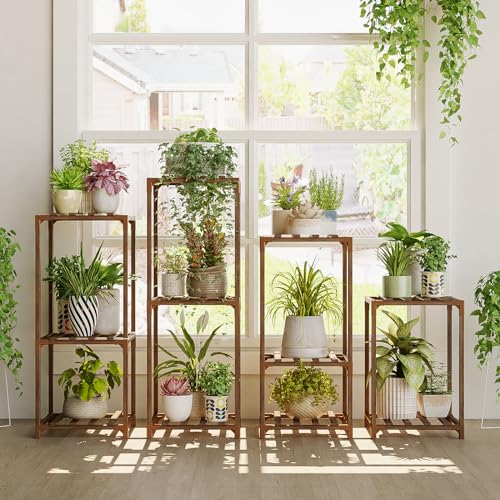 Bamworld Plant Stands Indoor 4 Sets Plant Shelves Outdoor Wooden Plant Holder for Multiple Plants Flower Stands Window