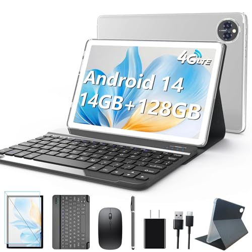 Android 14 Tablet 10 Inch, 4G Cellular Tablets, Octa-Core, 128GB Storage + 14(8+6)GB RAM/ 1TB Expandable, 5G WiFi, 8000mAh Battery, Bluetooth 5.0, 13MP+8MP Camera, Tableta with Keyboard/Case, Silver