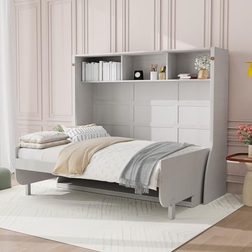 SOFTSEA Full Size Murphy Bed with Desk, Horizontal Wall Bed with Storage Shelves, Hidden Murphy Bed Cabinet Space-Saving for Small Space Guest Room Bedroom or Home Office, Antique White