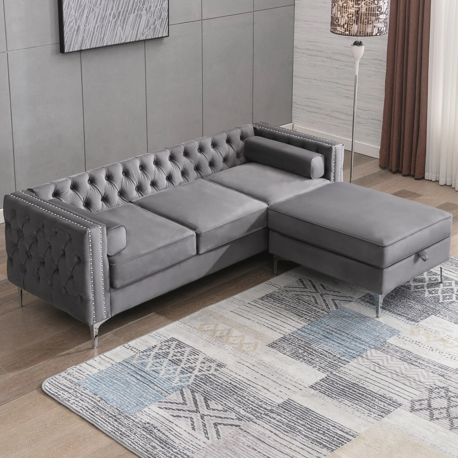 ijuicy Sectional Sofa with Storage Ottoman, L-Shaped Sofa with Velvet Upholstered and Back Cushions, 3-Seat Sectional Couch Button Tufted & Nailhead Trim Design, Living Room Furniture Set- Grey