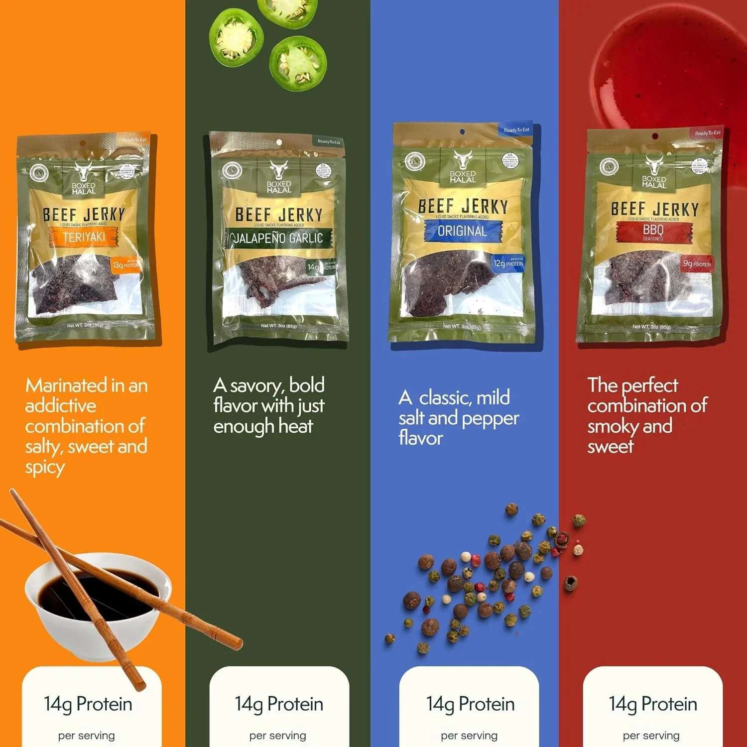 BOXED HALAL Premium 100% Grass-Fed Jalapeño Garlic Beef Jerky Strips, 13g Protein, HFSAA Certified Halal, Keto Friendly Snack, 3 Oz. Bags (3 Pack)