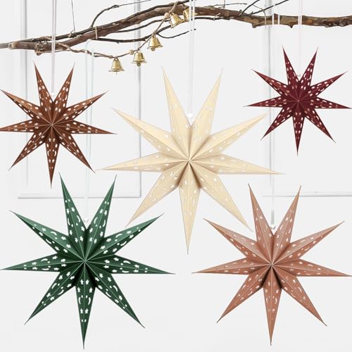 5-Piece 3D Paper Lantern - 24 inch Hollow Star Lamps - Xmas, Wedding, Birthday Multicolor Pack (9 Pointed Stars, Light Khaki)