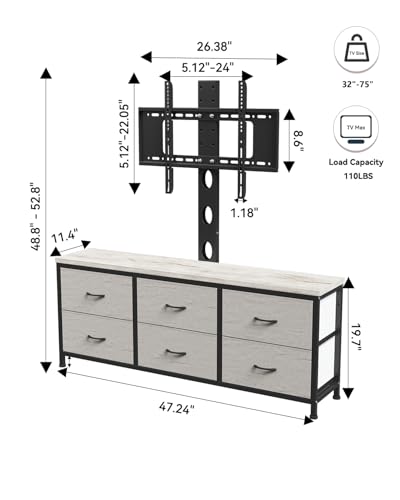 TV Stand with Mount, Fabric Dresser with 6 Drawers for 32/45/55/60/65/75 inch TVs, Black Dresser Entertainment Center, Modern Media TV Console Table