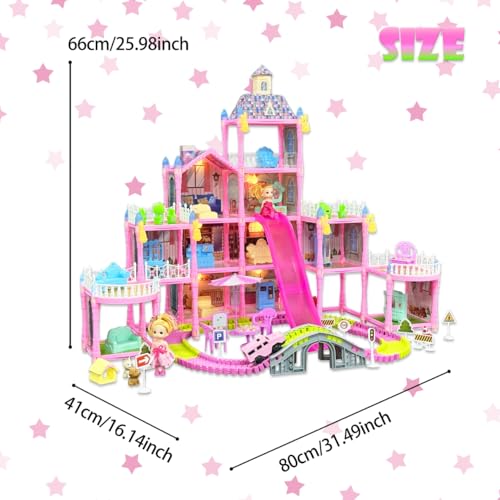 Dream Dollhouse, Racing Track, Dolls House playset with Toy Furniture and 4 Level Slide, Furniture, 3 Doll and 1 Buggy Toy and 10+ Tracks Pet and Puppy Play Area 13 Rooms