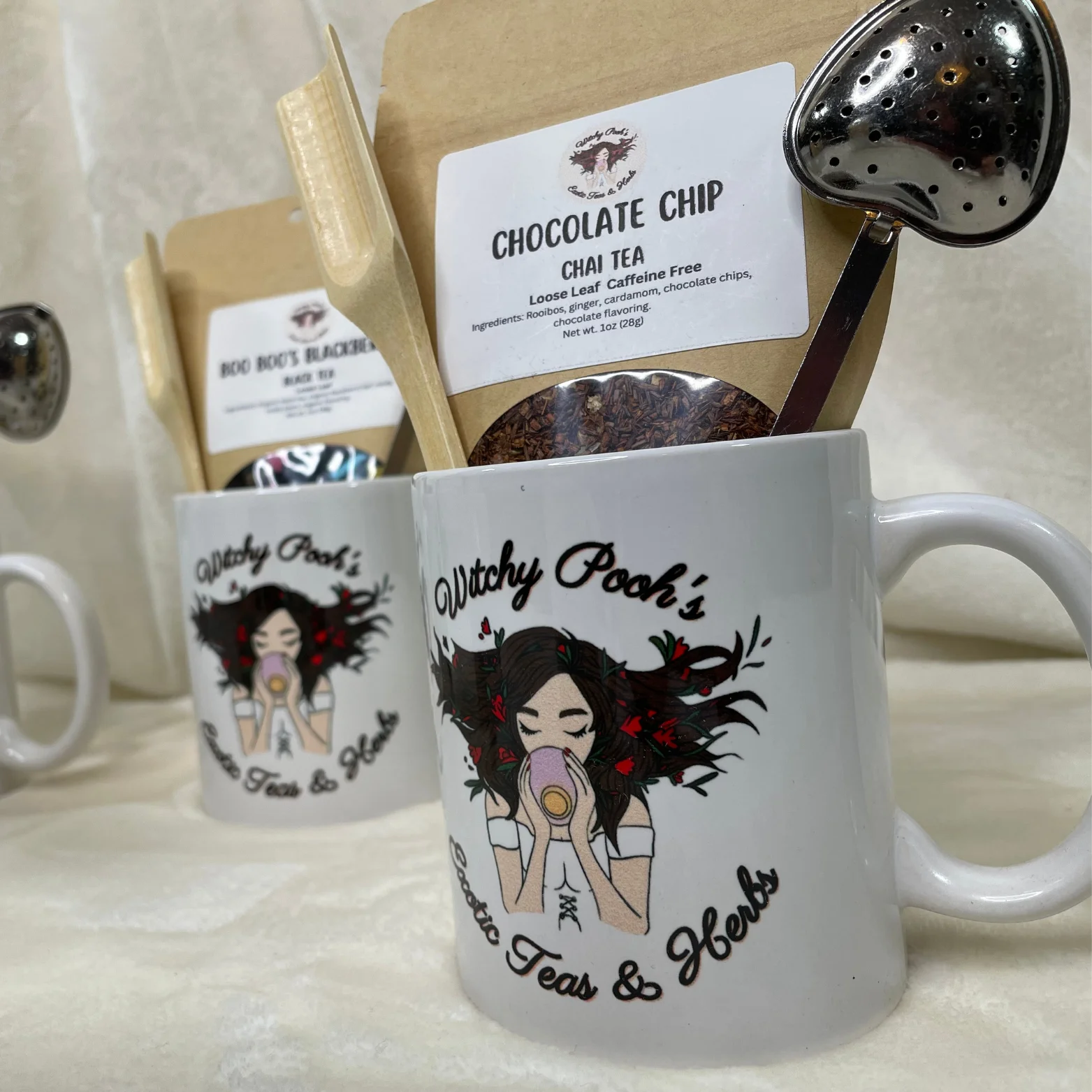 Mint Chocolate Mocha Herbal Tea Gift Mug Set With Heart Infuser with Handle & Wooden Spoon, Witchy Pooh's