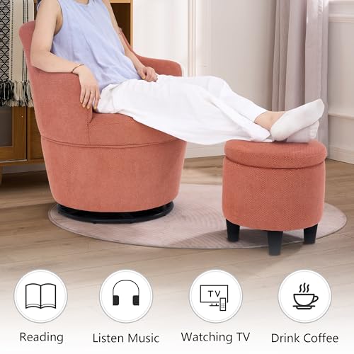 360° Swivel Accent Chairs with Ottoman, Modern Comfy Fabric Barrel Living Room Chair, Leisure Bedroom Armchair with Footstool, Blue