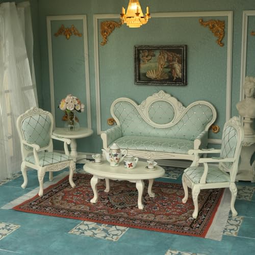 iLAND Victorian Dollhouse Furniture Set, Doll House Furniture and Accessories, Miniature Dollhouse Sofa with 1/12 Scale Accessories 8pcs, Mothers Gift, Wife Gift, Bookshelf Décor (White & Green)