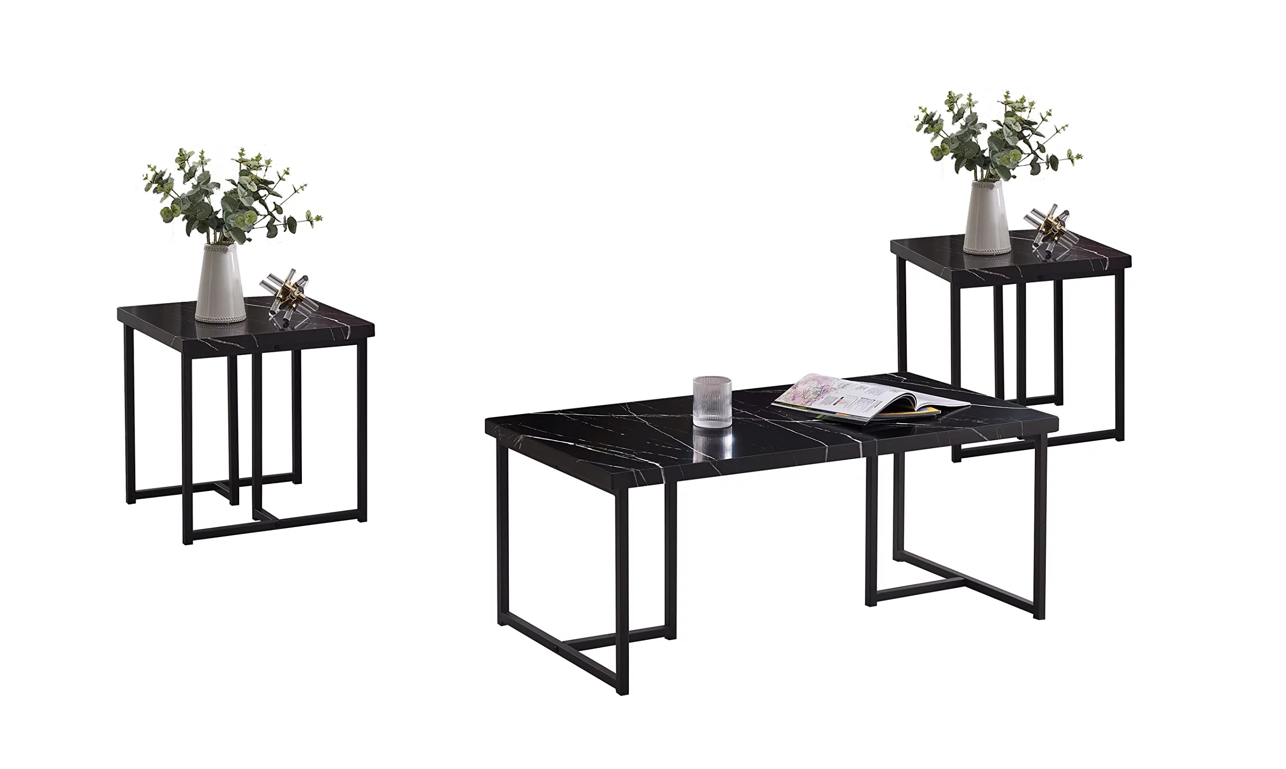 Kings Brand Furniture 3 Piece Faux Marble Coffee Table End Table Set for Living Room (Black)